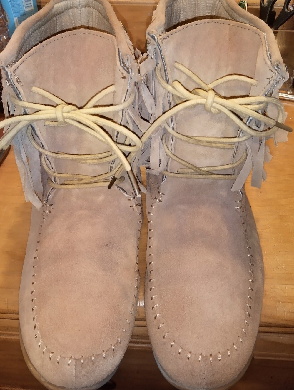 Bucco Fringe Leather Suede Moccasin Boots in Tan With Gold Stud Rubber Soles~10